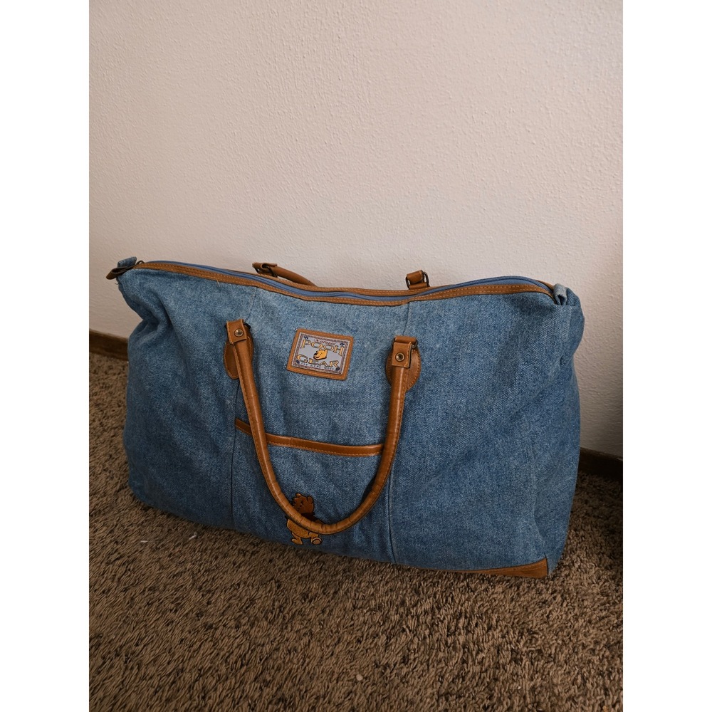 Vintage Winnie the Pooh Gear Denim Duffel Bag Blue Travel Weekender Disney 90s